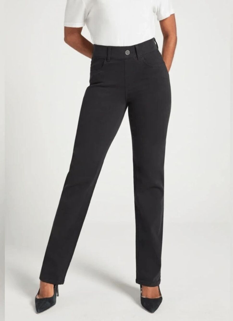 New Betabrand Washed Black Straight 4 Pocket Yoga Denim Jeans Medium Petite